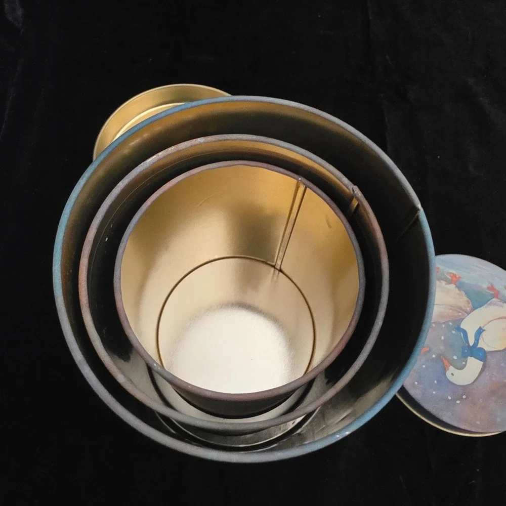VTG Nesting Goose Tin Canister Set 3 Blue Bow Aunt Rhody Style Country Cottage